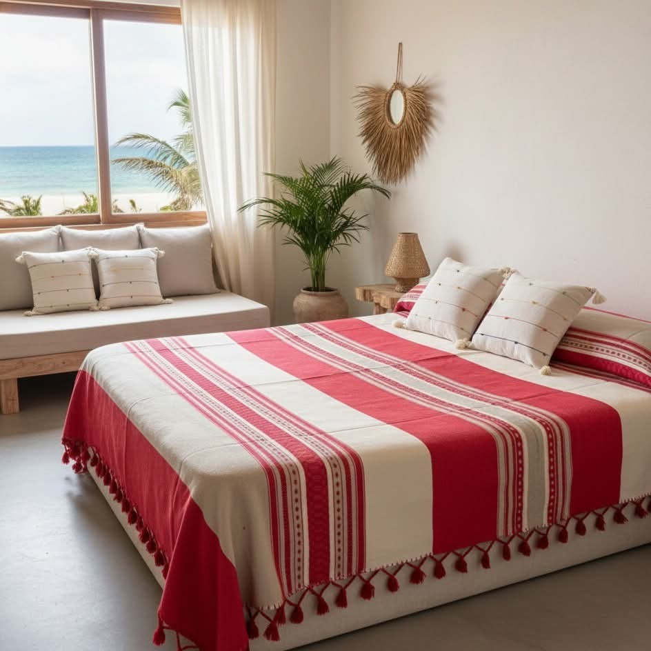 Colcha artesanal roja con blanco matrimonial
